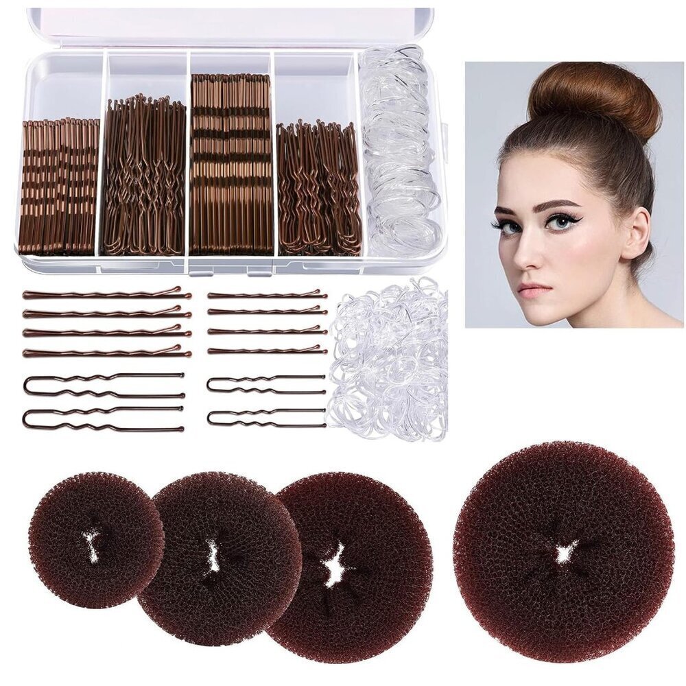 Hair Bun Maker Set 304 pcs Rubber Multi-Size Donut Bobby Pins Elastic